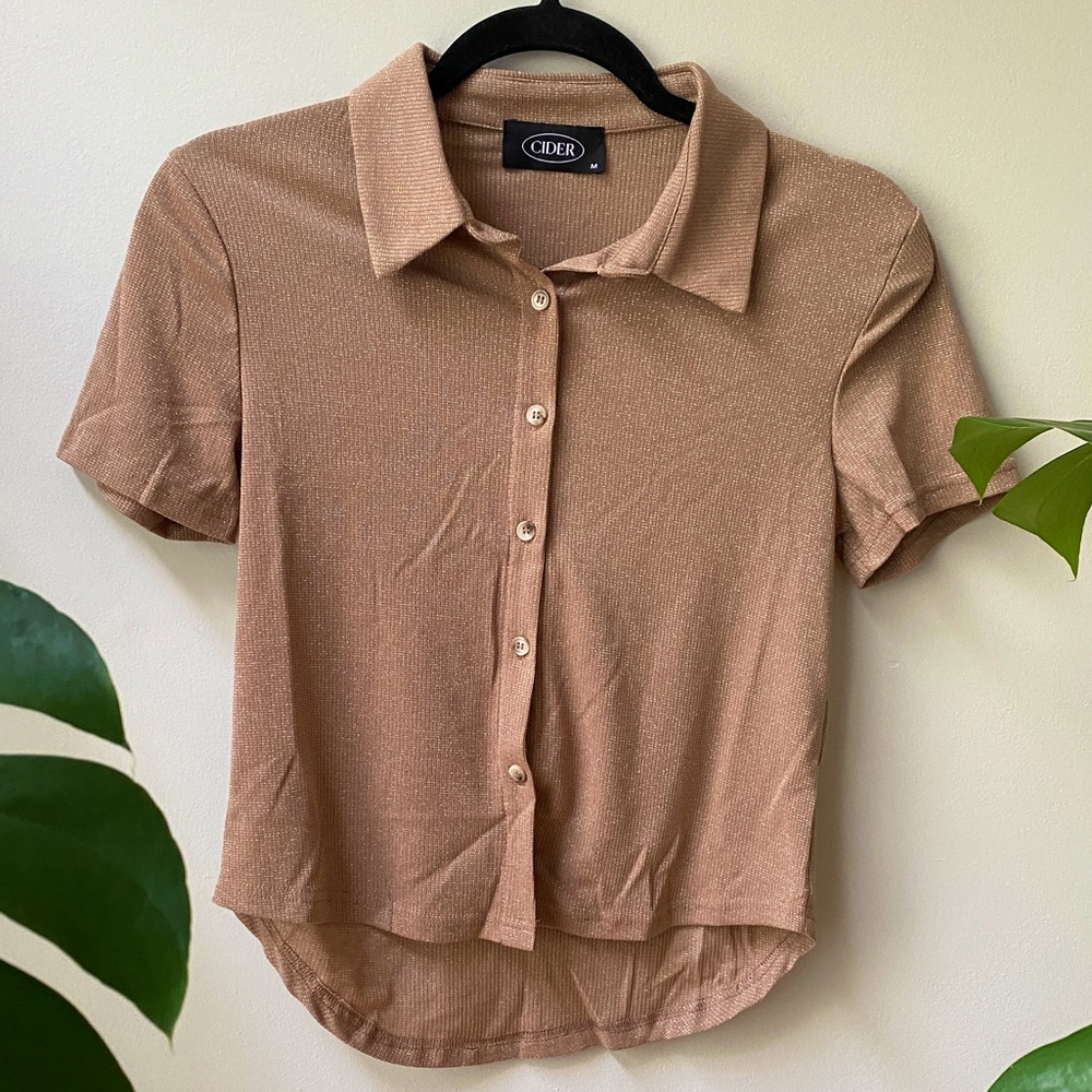 MATCHING SET Brown Glitter Short Sleeve Collared Shirt w/ Shorts